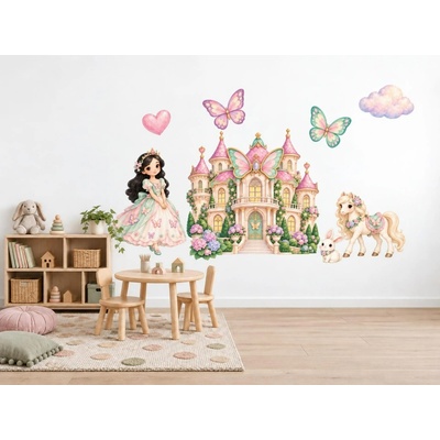 Nalepte.cz Motýlí princezna a zámek pastelové pohádkové samolepky na zeď pro malé princezny arch 46 x 34 cm – Hledejceny.cz