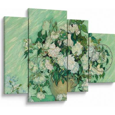 Obraz - Vincent van Gogh, Roses, reprodukce (s hodinami), Čtyřdílný 110x75 cm s hodinami