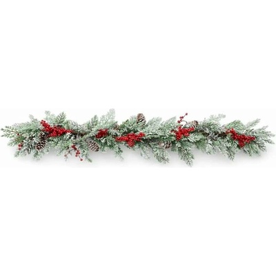 DECOLED 3D umělá vánoční girlanda na stůl s jehličím a červenými bobulemi, 270 × 15 cm, ojíněná