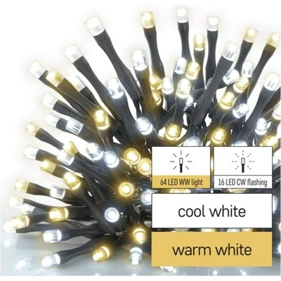 EMOS D4AN01 vianočná reťaz CLASSIC 80 LED 8m 3,6W studená/teplá biela, IP44, farba drôtu - čierna, časovač, adaptér