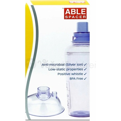 Able Spacer 2 + Medium Mask Inhalačný nadstavec s maskou (pre deti 2 - 6 rokov) 1 nadstavec ventilom a s náustkom + 1 stredná maska s píšťalkou