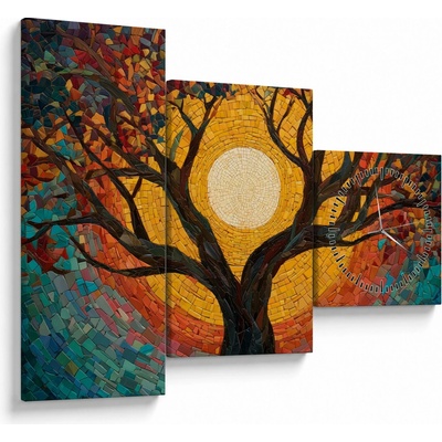 Obraz - Slnko v korune stromu života (s hodinami), trojdielne 90x70 cm s hodinami