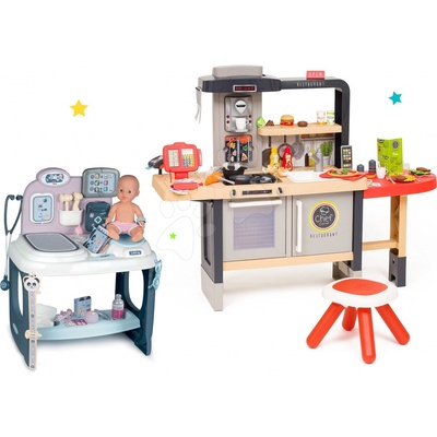Smoby Set reštaurácia s elektronickou kuchynkou Chef Corner Restaurant a zdravotnícky pult s bábikou so zvukom a svetlom