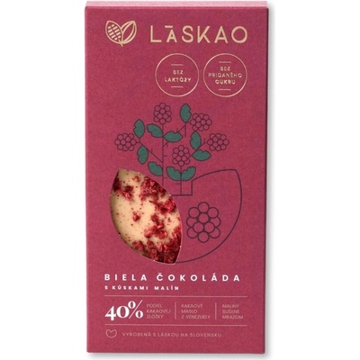LASKAO Biela čokoláda s kúskami malín bez cukru sladená erythritolom 75 g