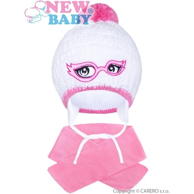 New Baby Zimná detská pletená čiapočka so šálom ružová