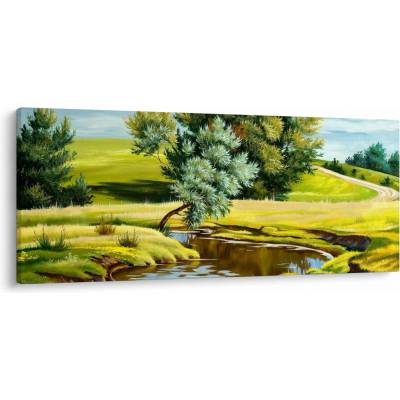 Obraz - Řeka mezi loukami, olejomalba, jednodílný 120x50 cm