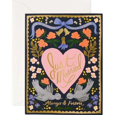 Rifle Paper Co. Přání k sňatku Love Birds, červená barva, růžová barva, modrá barva, zlatá barva, papír
