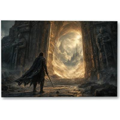 Plakát – Postava s mečem před zářícím portálem 135 × 90 cm Bez rámu Ne Bez rámu