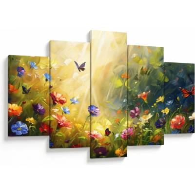 Obraz - Jarná kvetinová lúka, maľba, päťdielne 150x105 cm