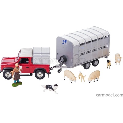 BRITAINS LAND ROVER LAND DEFENDER 90 PICK-UP CLOSED 1984 WITH LIVESTOCK TRAILER TRASPORTO ANIMALI BESTIAME RED SILVER 1:32