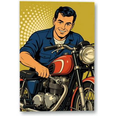 Plakát – Muž s klíčem u červeného motocyklu 90 × 135 cm Bez rámu Ne Bez rámu