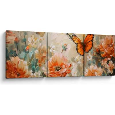 Obraz - Motýl a květy, olejomalba, třídílný 90x30 cm