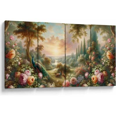 Obraz - Pávy v záhrade, štvordielne 160x80 cm