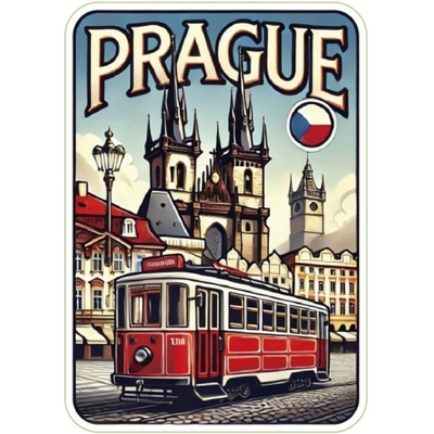 Samolepka ČR Prague s električkou 8,5 x 6 cm - farebná