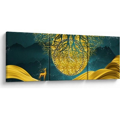 Obraz - Abstrakcia, Zlatá krajina (s hodinami), trojdielne 90x30 cm s hodinami