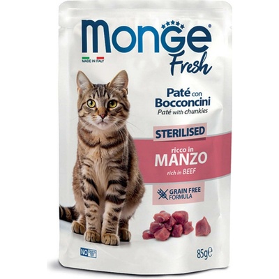 MONGE Fresh Sterilised paštéta s kúskami hovädzieho mäsa v kapsičke pre sterilizované mačky 85 g