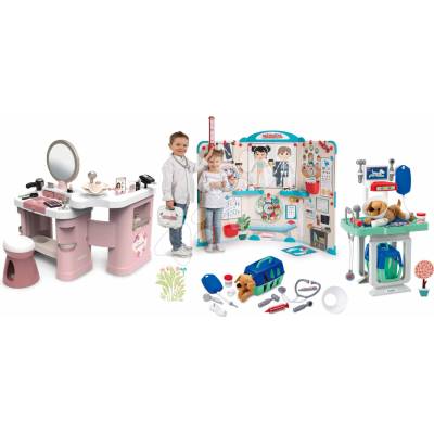 Smoby Set kosmetický stolek s lékařskou ordinací My Beauty Center 3v1 s elektronickým fénem a veterinářský vozík