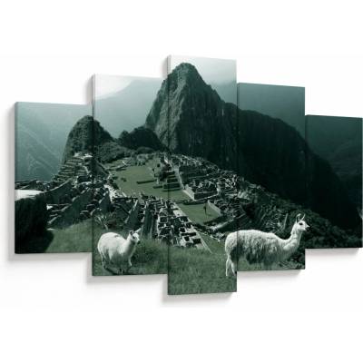 Obraz - Lamy na Machu Picchu v Peru, päťdielne 150x105 cm