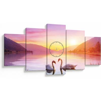 Obraz zamilovaných labutí (s hodinami), päťdielne 150x80 cm s hodinami