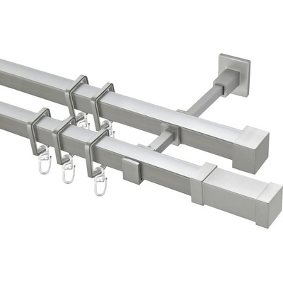 OK-GarnýžeCZ Garnýž kovová hranatá dvouřadá 20x20mm Zanotti satina 370 cm do stěny / kroužky s háčkem