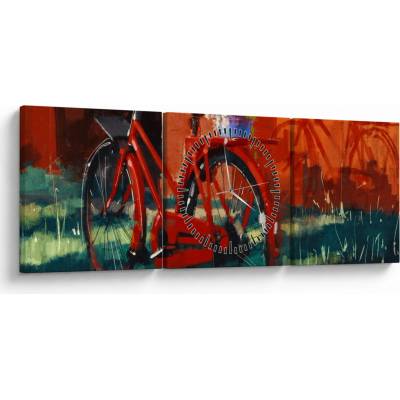Obraz červeného kolesa, akrylová maľba (s hodinami), trojdielne 90x30 cm s hodinami