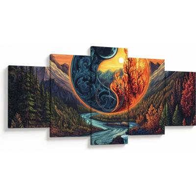 Obraz - Živly (s hodinami), pětidílný 150x80 cm s hodinami