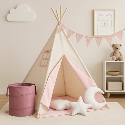 Infantastic 74133 Dětský stan teepee růžovo/béžový s příslušenstvím + vlajka