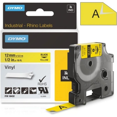 Páska Dymo Rhino vinyl, 12mm (18432) žlutá, černý tisk, 5,5m