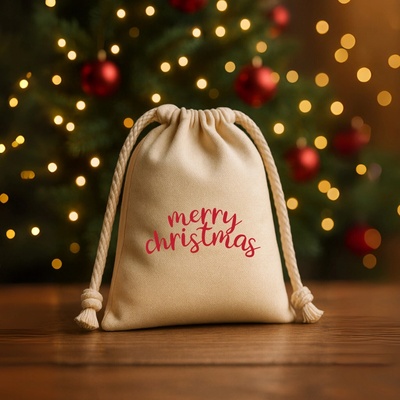 Bavlněný pytlík s potiskem MERRY CHRISTMAS Velikost pytlíku: 18 X 24 cm