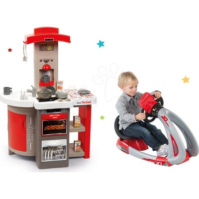 Smoby Set kuchynka skladacia elektronická Tefal Opencook Bubble červená so zvukom a magickým bublaním a trenažér s elektronickým simulátorom V8 Driver