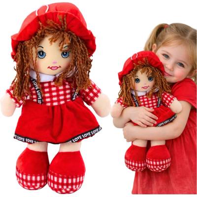 Lean Toys textilná maznacia bábika v červených károvaných šatách 35 cm