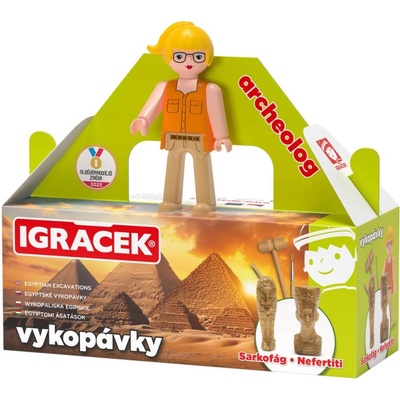 EFKO IGRÁČEK Archeoložka figurka egyptské vykopávky sarkofág a soška Nefertiti