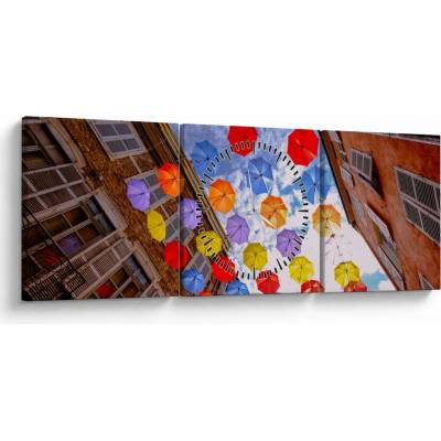 Obraz farebných dáždnikov (s hodinami), trojdielne 90x30 cm s hodinami