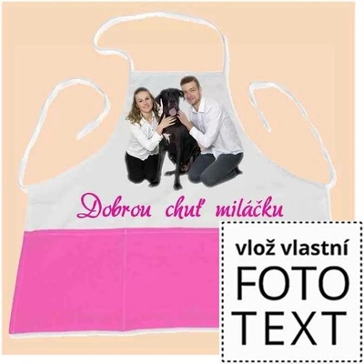 Bezvadný dárek Kuchyňská zástěra s kapsami růžová s vlastní fotkou či potiskem