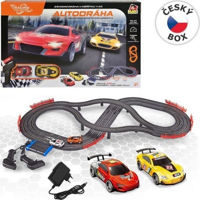 OEM Hračka Autodráha 2 auta 2 ovladače s EU adaptérem délka trati 440 cm, 120 x 100 x 12 cm 11475