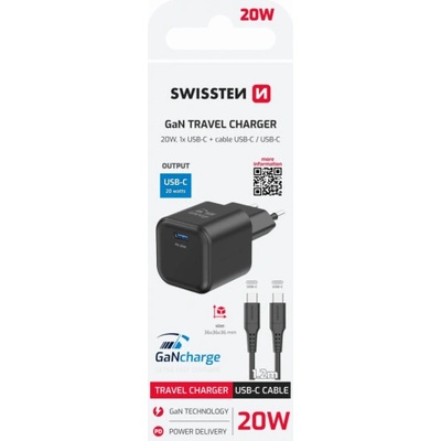 Swissten síťový adaptér gan 1x usb-c 20w power delivery černý + datový kabel usb-c/usb-c 1,2 m černý