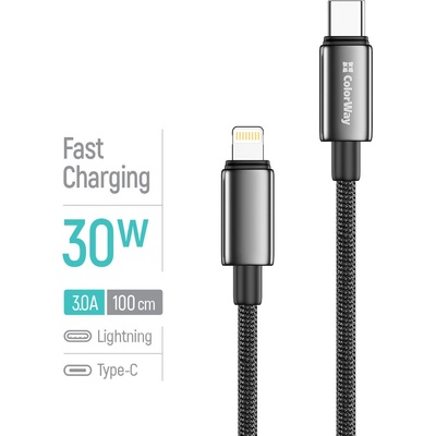 ColorWay CW-CBPDCL098-BK USB-C – Apple Lightning (zinková zliatina, nylonové opletenie) PD Fast Charging 30 W 1m černý