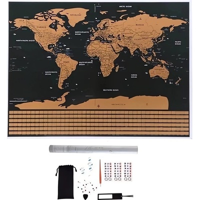 Malatec 23442 Velká Stírací mapa světa s vlajkami 82 x 59 cm + příslušenstvím černá