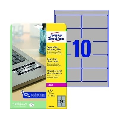 Etikety polyesterové 96x50,8mm Avery A4 strieborné 20 hárkov