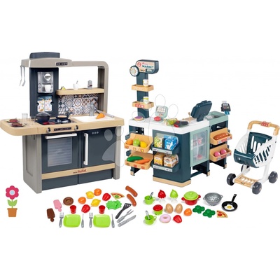 Smoby Set kuchynka elektronická s nastaviteľnou výškou Tefal Evolutive a obchod Maxi Market s chladničkou a potravinami