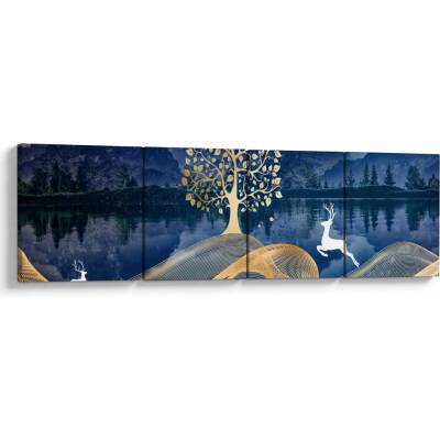 Obraz jeleňov pri splne, štvordielne 160x40 cm