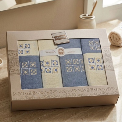 4sleep set ručníků a osušek 389 6 ks jeans modrá a krémová s výšivkou 2 ks 30 x 50 cm + 2 ks 50 x 90 cm + 2 ks 70 x 140 cm