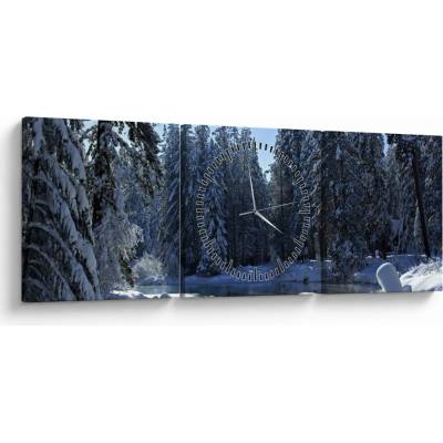 Obraz zasneženého lesa (s hodinami), trojdielne 90x30 cm s hodinami