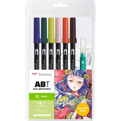 Tombow ABT sada oboustranných fixů Manga Wind 6 ks + vodní štětec