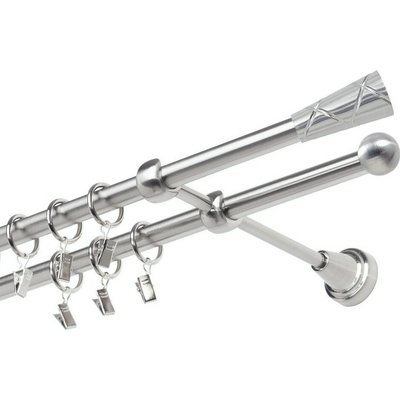 OK-GarnýžeCZ Garnýž kovová dvouřadá 19mm Trapezium nerez 180 cm do stěny / kroužky s žabkou