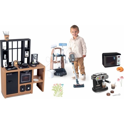 Smoby Set úklidový vozík a moderní kuchyňka Rowenta Trolley Upright Hoover s kávovarem mikrovlnkou a vysavač