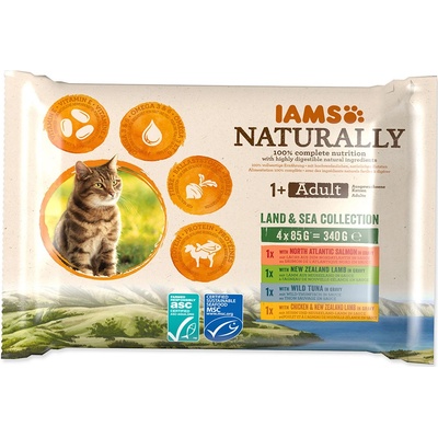 IAMS Cat Naturally výber z morských a suchozemských más v omáčke multipack 4 x 85 g