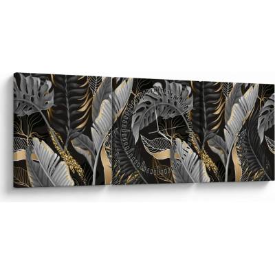 Obraz - Tropické listy v čierno-zlatej (s hodinami), trojdielne 90x30 cm s hodinami