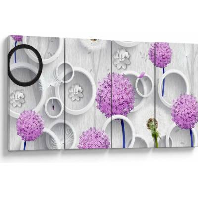 Obraz 3D abstrakcie s kruhmi a kvetinami, štvordielne 160x80 cm