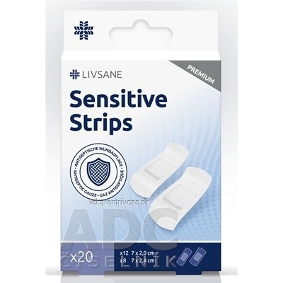 Livsane Náplasti Sensitive Premium Prúžky 2 veľkosti (7x2 cm, 7x2,4 cm) na citlivú pokožku 1x20 ks